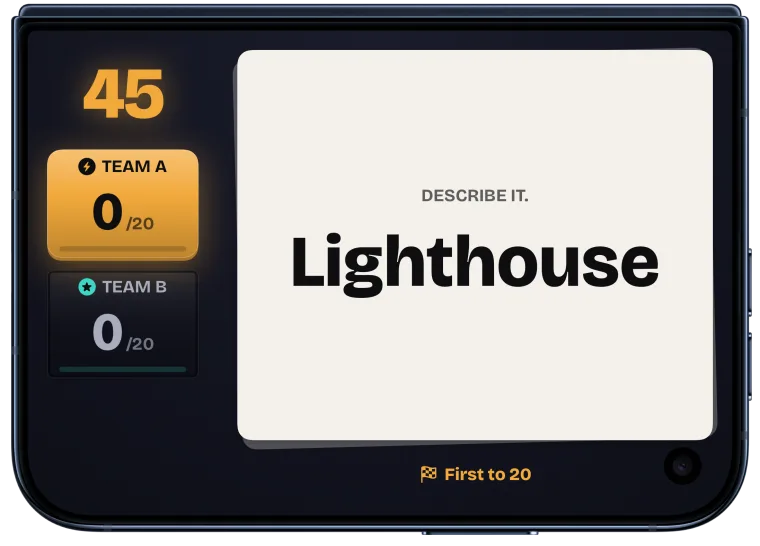The outer display during Describe: the word Lighthouse beside the scores and timer.