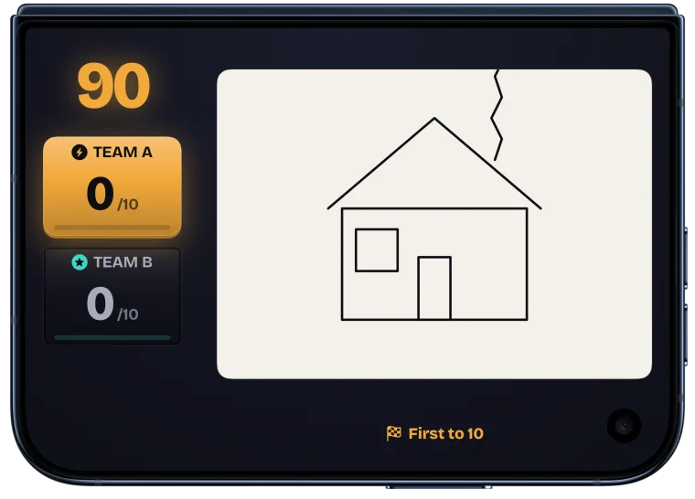 The outer display during Draw: the live drawing of a house beside the scores.
