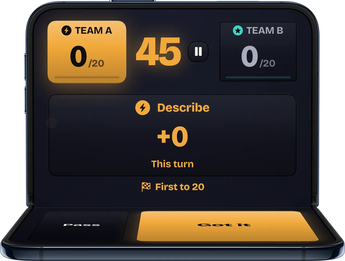 The inner display of a half-open iPhone Duo during Describe: scores, timer, Pass and Got it, with no word shown.