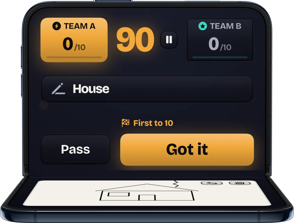 The inner display of a half-open iPhone Duo during Draw: the prompt House, Pass and Got it, and the drawing canvas on the lower half.